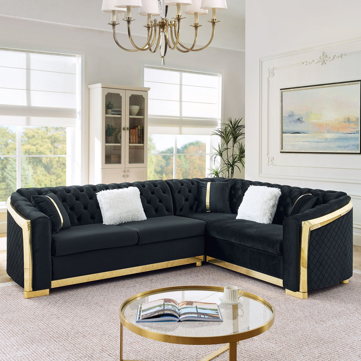 L Shaped Chesterfield Sectional Sofa With Stainless Steel Accents