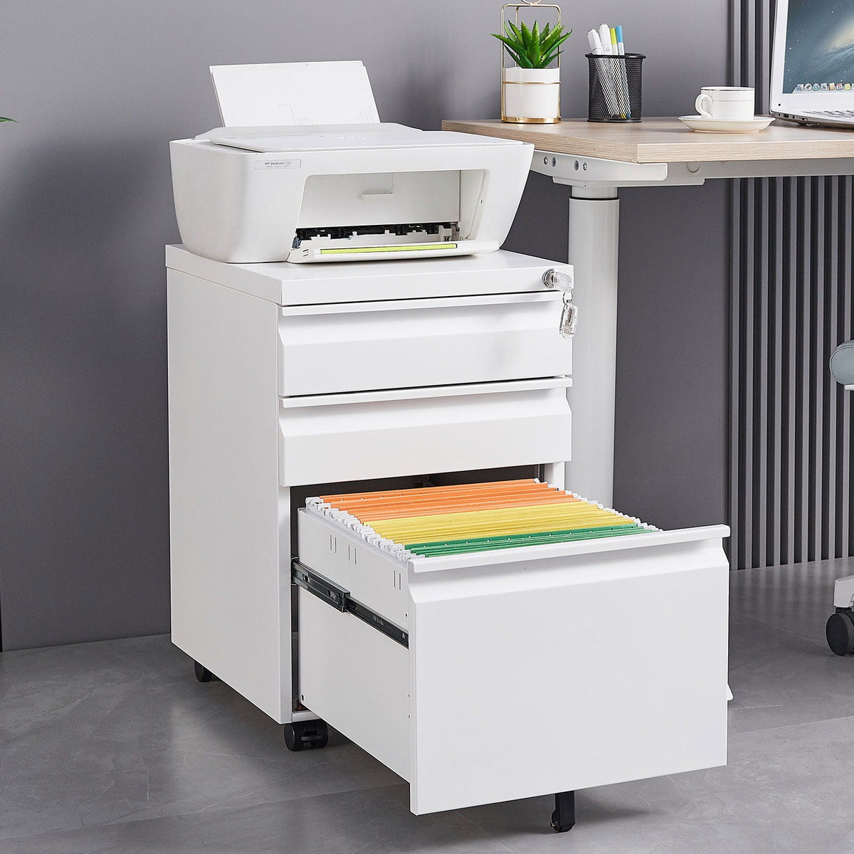Contemporary 3 Drawer Mobile Filing Cabinet With Lock, Metal Office Storage For Legal / Letter Size