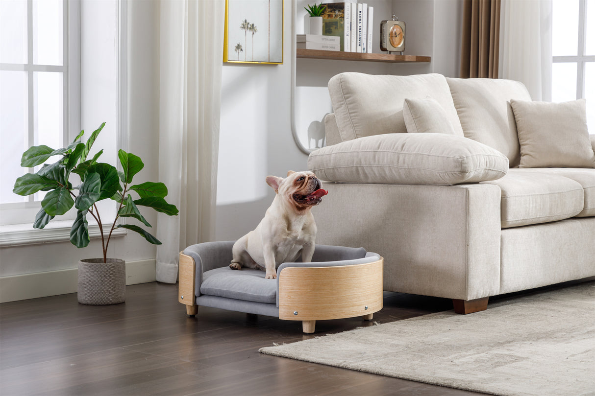 Scandinavian-style-Elevated-Dog-Bed-Pet-Sofa-Velvet-Cushion,-Mid-Size-Light-Grey-Pet-Bed