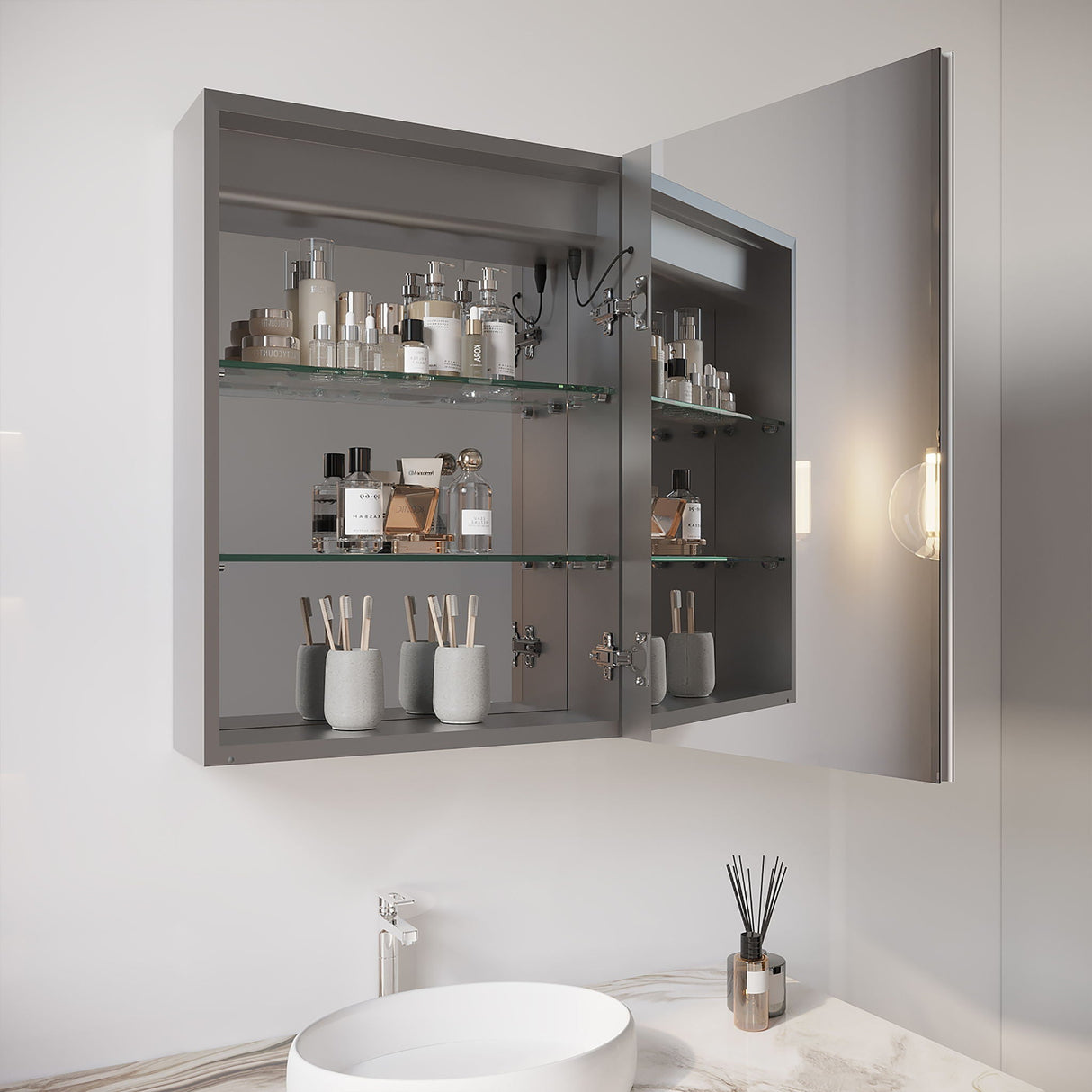 Bathroom Medicine Cabinet With LED Mirror, Anti-Fog, Waterproof, 3000K~6000K Single Door Lighted Bathroom Cabinet With Touch Swich