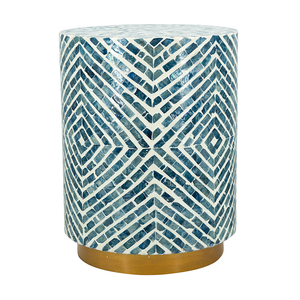 14x14x18' Round Accent Stool with Blue and White Capiz Design and Gold Pedestal Base