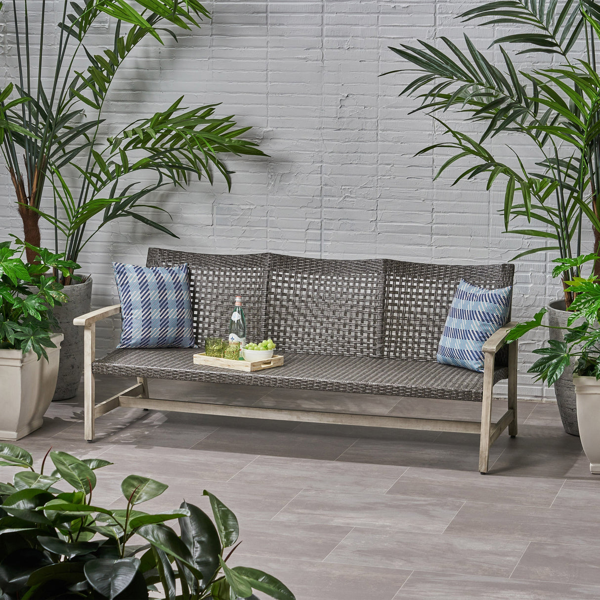 Outdoor Acacia Wood Wicker 3-Seater Sofa, Patio Furniture Conversation Set for Backyard