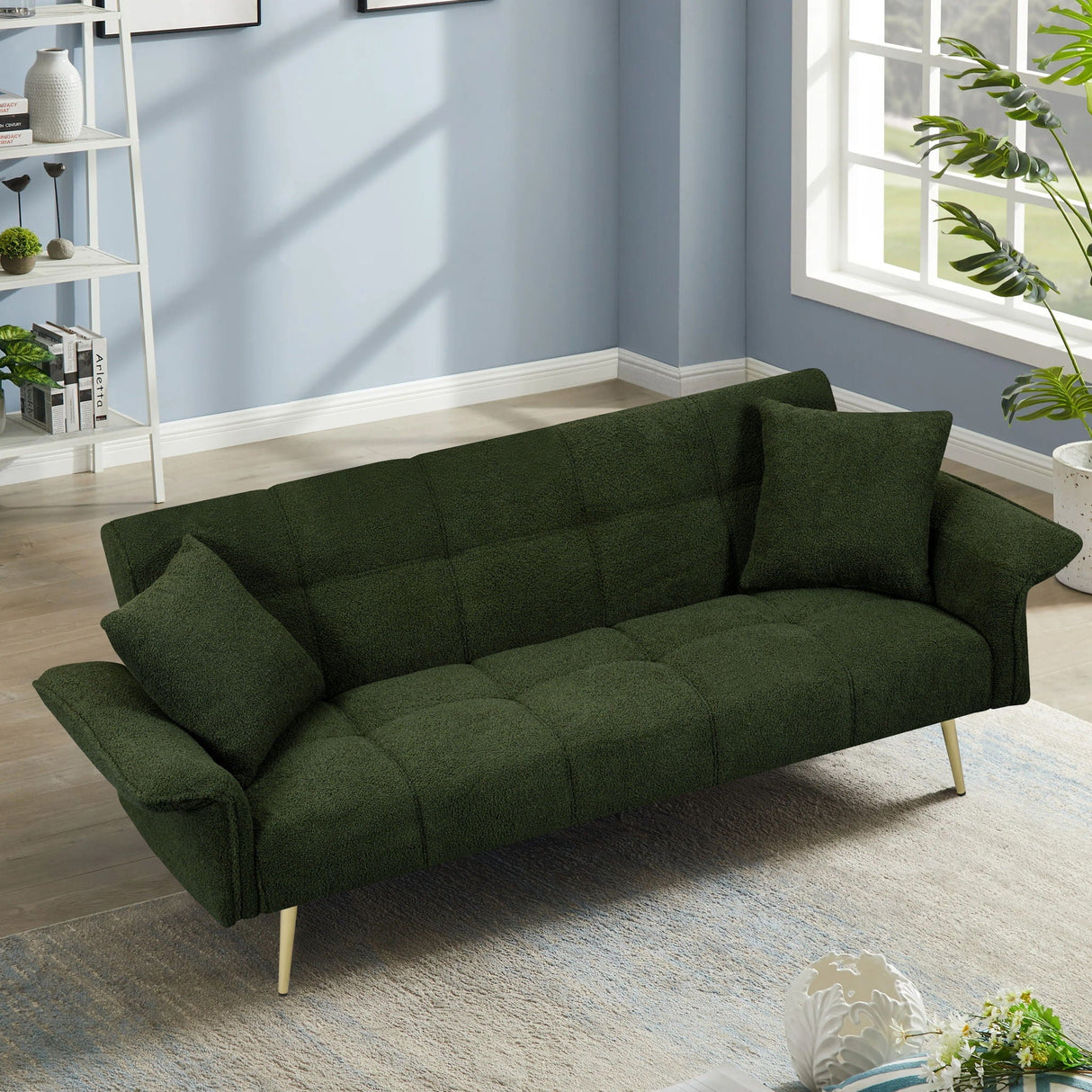 Convertible Double Futon Sofa Bed With Folding Armrests For Living Rooms