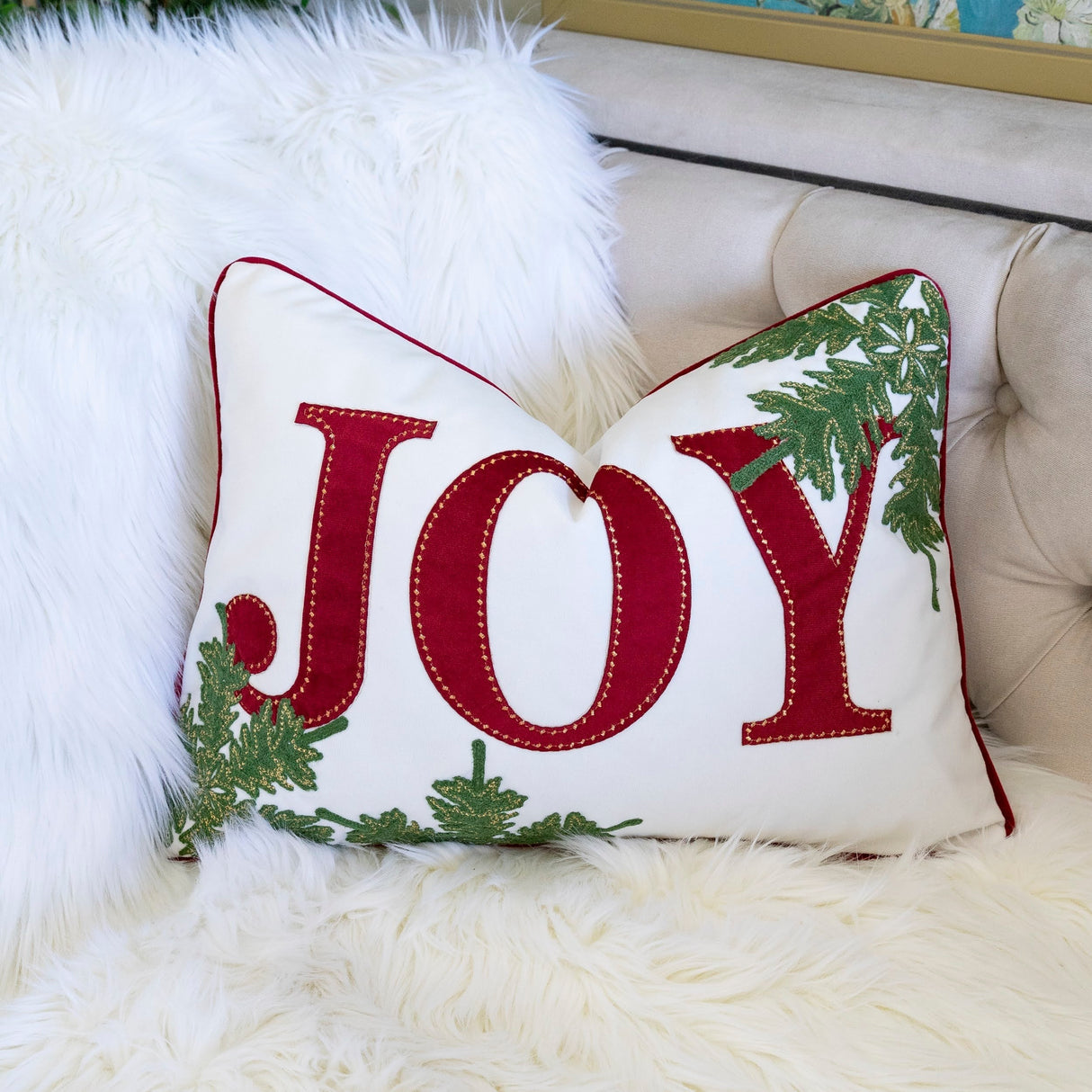 JOY Embroidered Christmas Throw Pillow – 14x20 Velvet Lumbar Cushion