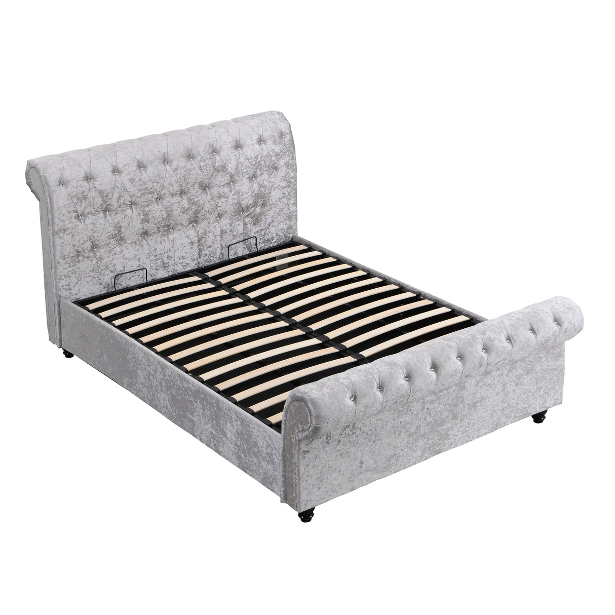 Hartfried Upholstered Storage Bed, Queen Size, Hydraulic Lift, Silver, Solid Wood Frame