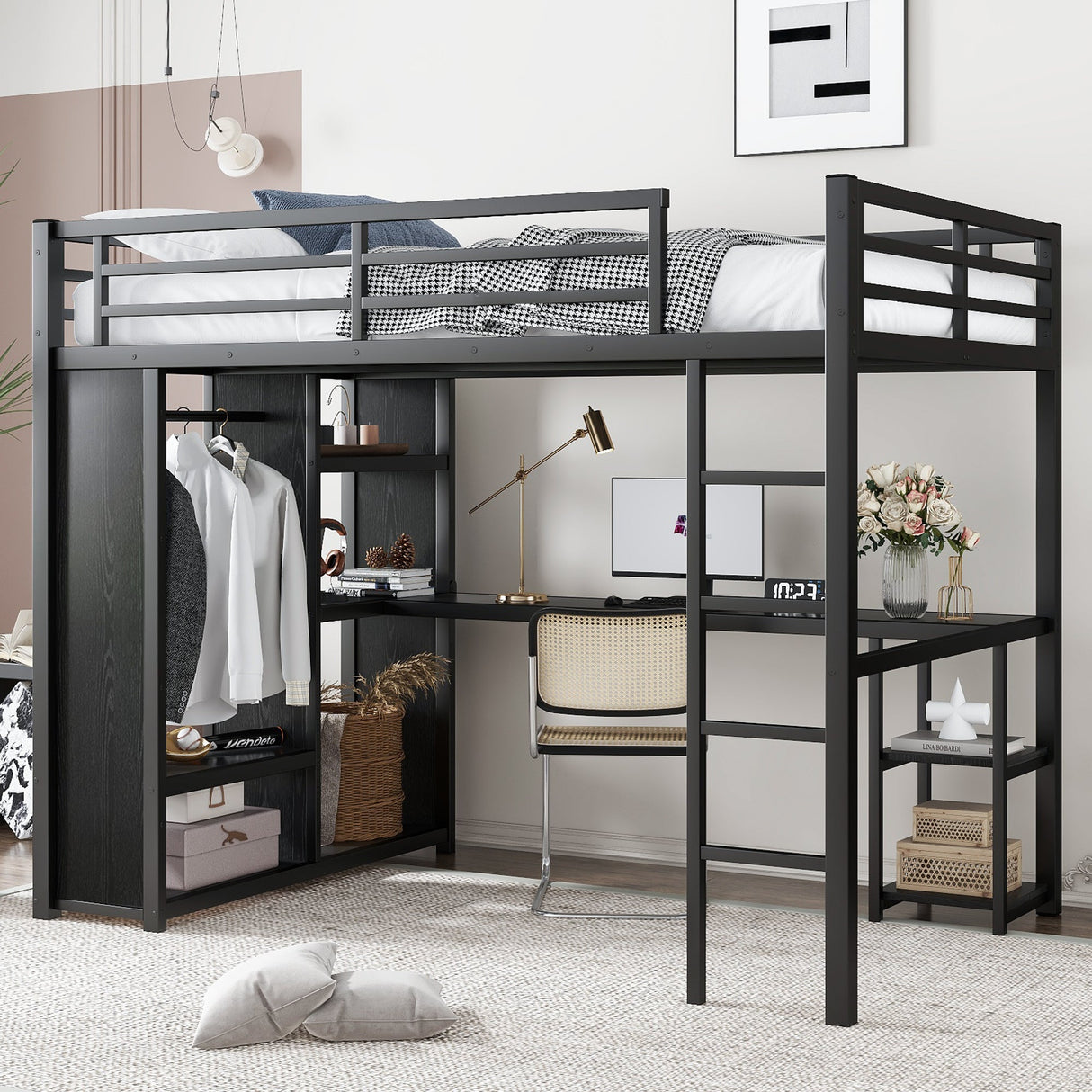 Full Size Loft Bed Frame with Built-in Wardrobe, Metal Loft Bed with Desk and Storage Shelves