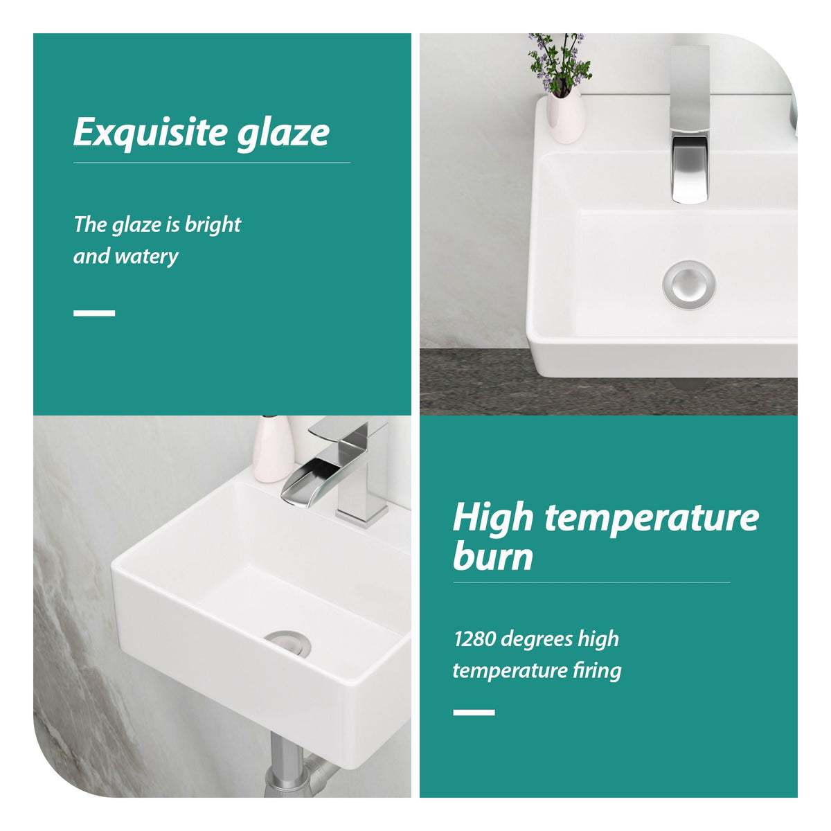 Ceramic Rectangle Wall Mount Bathroom Sink With Single Faucet Hole