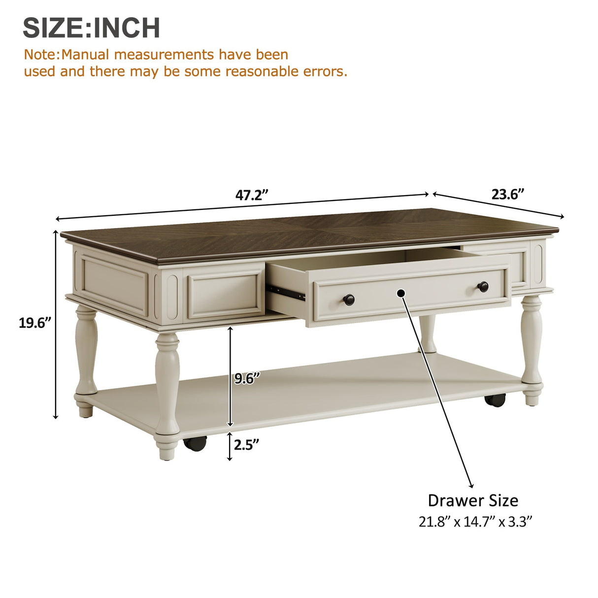 Farmhouse Coffee Table with One Drawer in Grey and White