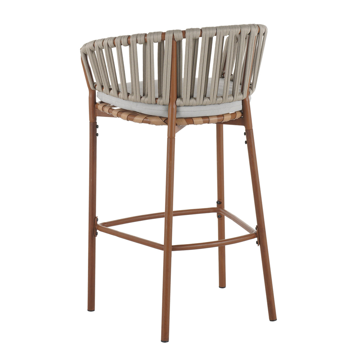 Lodi Outdoor Metal Rope Barstool, Teak Finished Frame and Beige Cushion, Set of 4