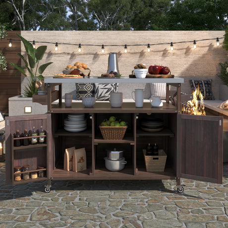 Outdoor-kitchen-island,-solid-wood-outdoor-grill-table-with-stainless-steel-top,-spice-rack-,-towel-rack,-dark-brown-Outdoor-Carts-&-Islands