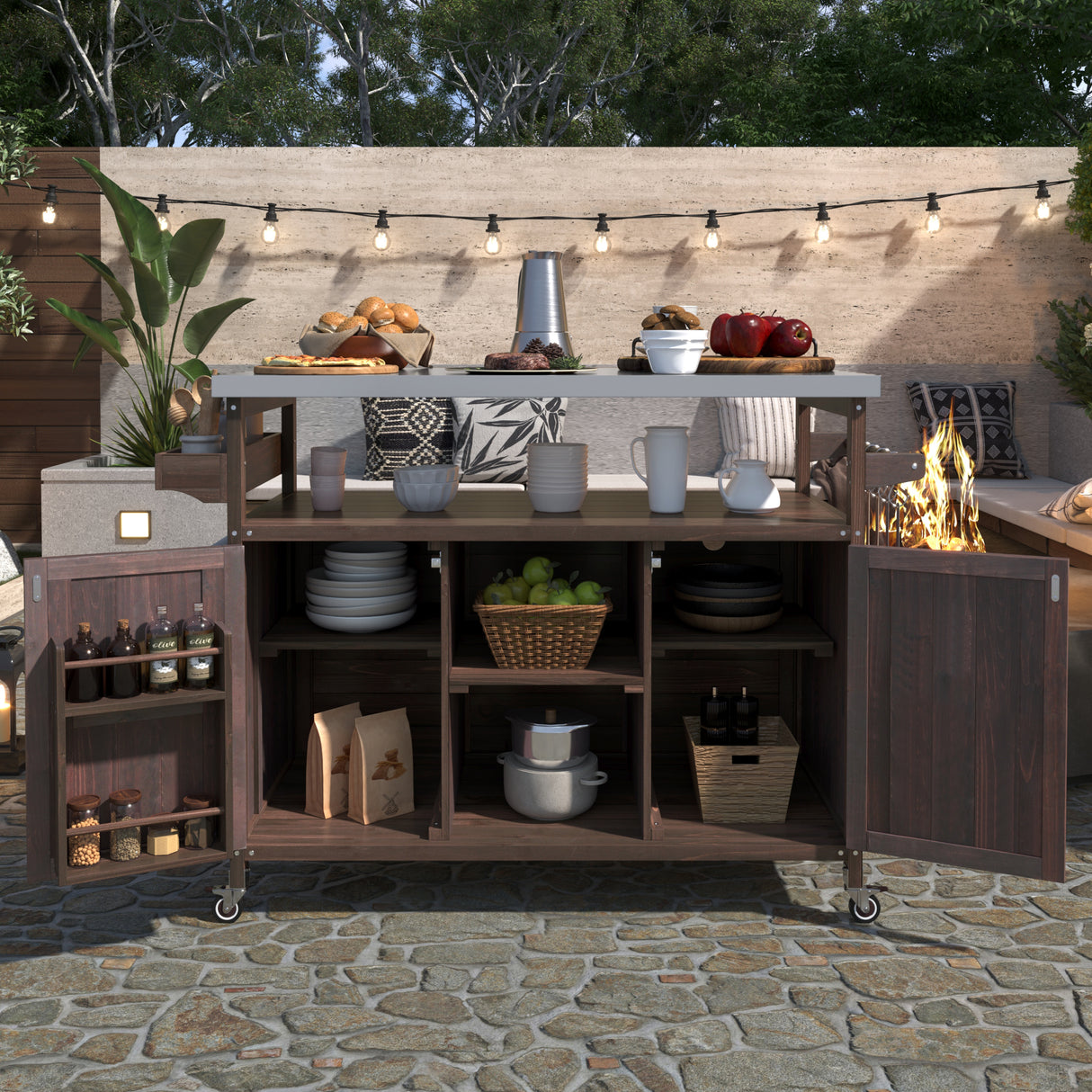 Outdoor-kitchen-island,-solid-wood-outdoor-grill-table-with-stainless-steel-top,-spice-rack-,-towel-rack,-dark-brown-Outdoor-Carts-&-Islands