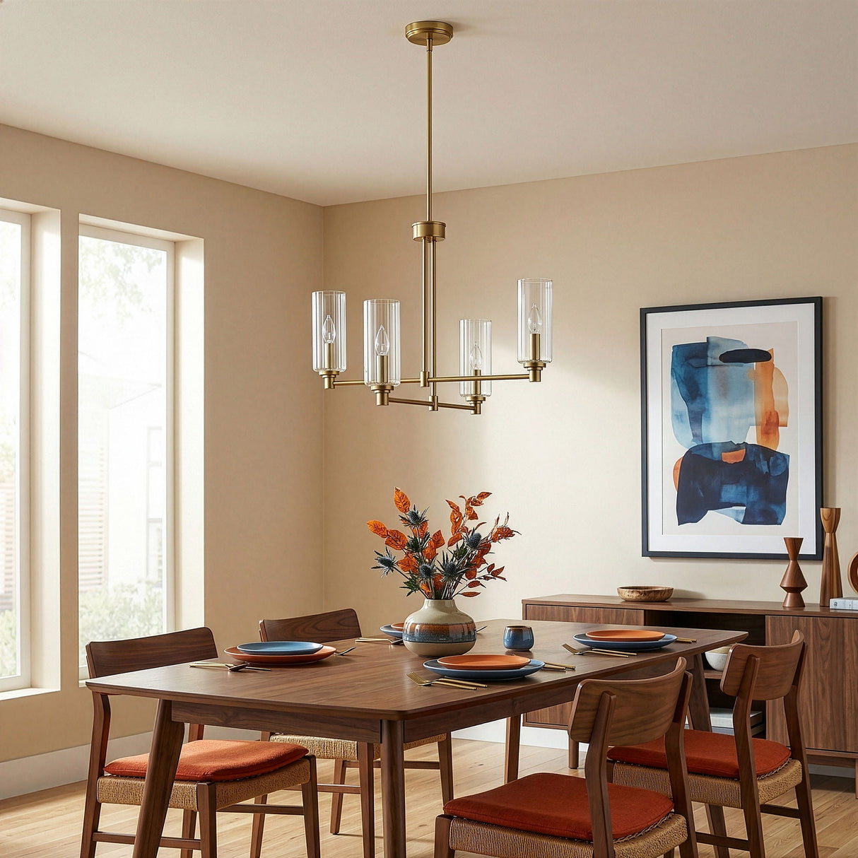 Enigma - 4 Lights Chandelier With Clear Ribbed Satin - Antique Brass / Clear / Gold