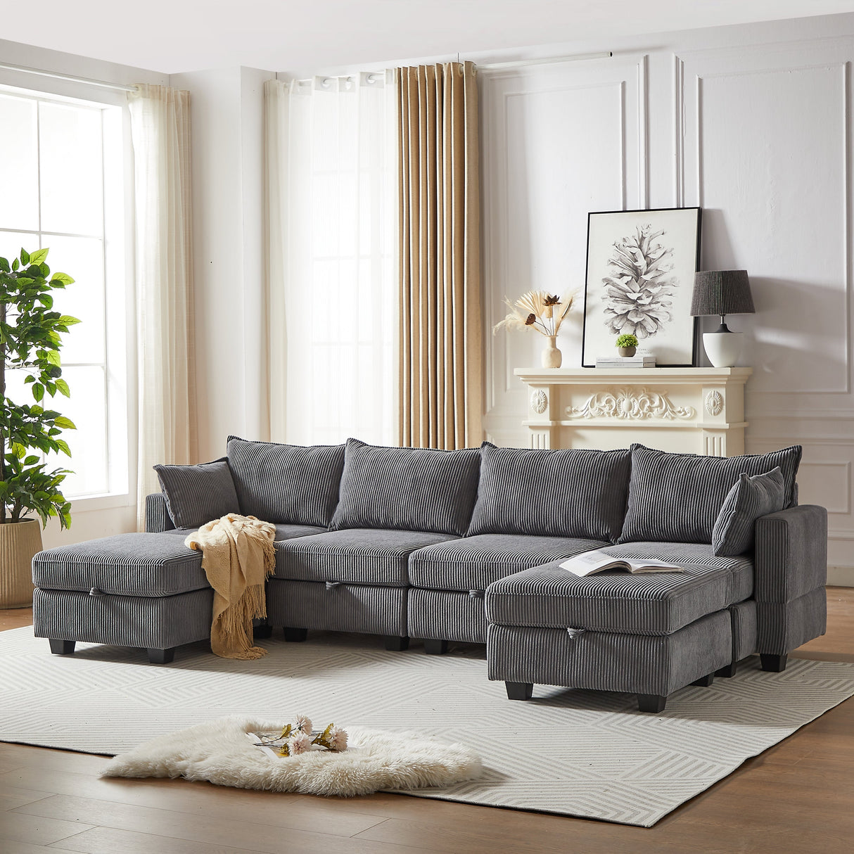 113.5'' Modular Sectional Corduroy Sofa with Storage Ottoman
