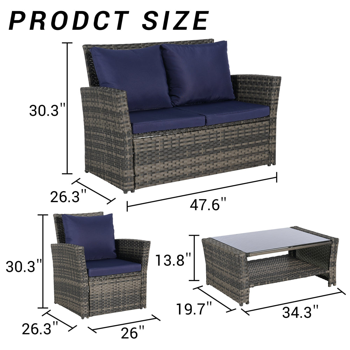 4 Pieces Outdoor Patio Furniture Set with Rattan Chairs and Tempered Glass Table