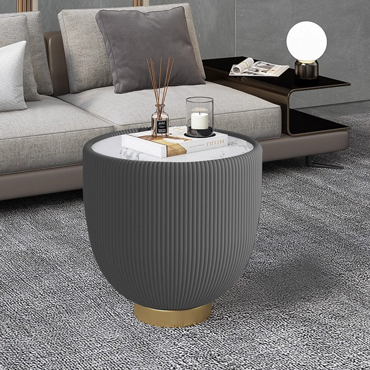 Modern Round Sintered Stone Pattern Tabletop Side Table with Leather Edge