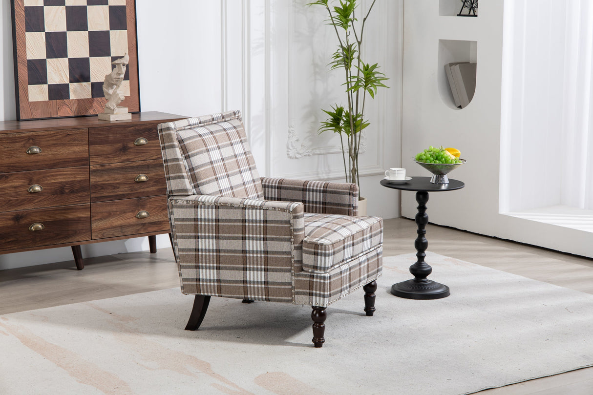 Upholstered Accent Chair with Brown Linen Fabric and Nailhead Trim