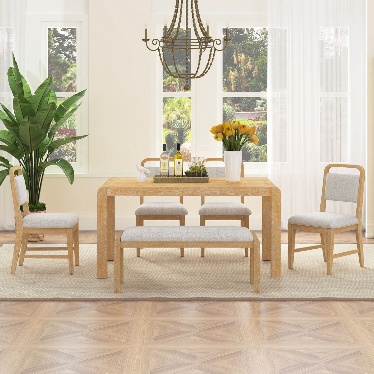Extendable Dining Table Set With 4 Upholstered Chairs And 1 Bench