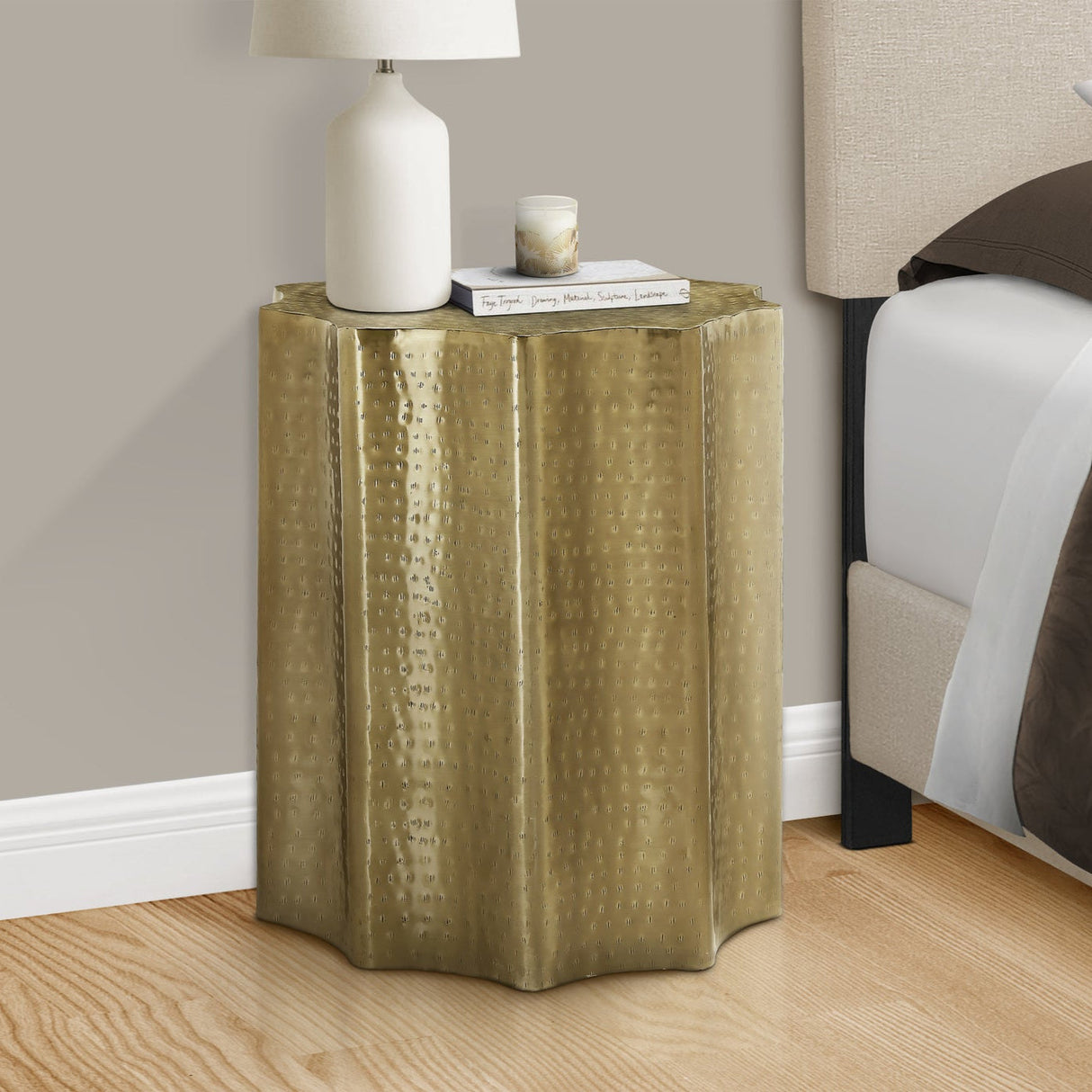 Artifact End Table with Scalloped Design and Hammered Texture