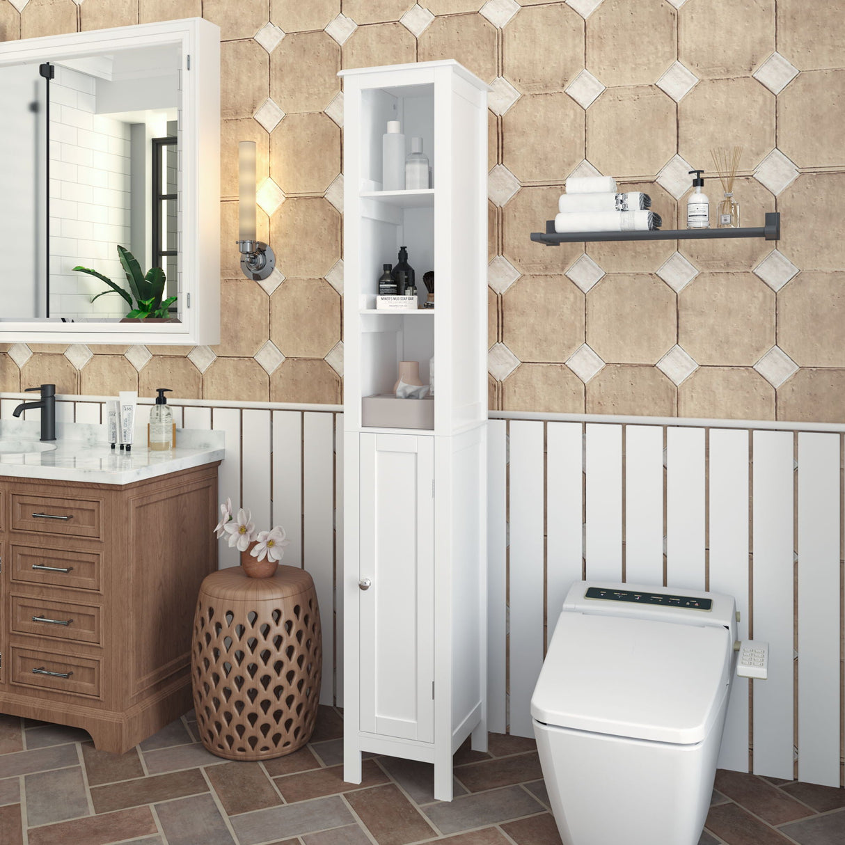 Slim Tall Bathroom Storage Cabinet With Adjustable Shelves, Anti Tip Freestanding Cabinet - White