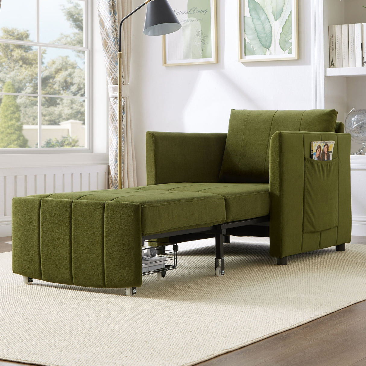 Upholstered Convertible Sleeper Sofa With 5 Position Backrest, Side Pockets, Storage