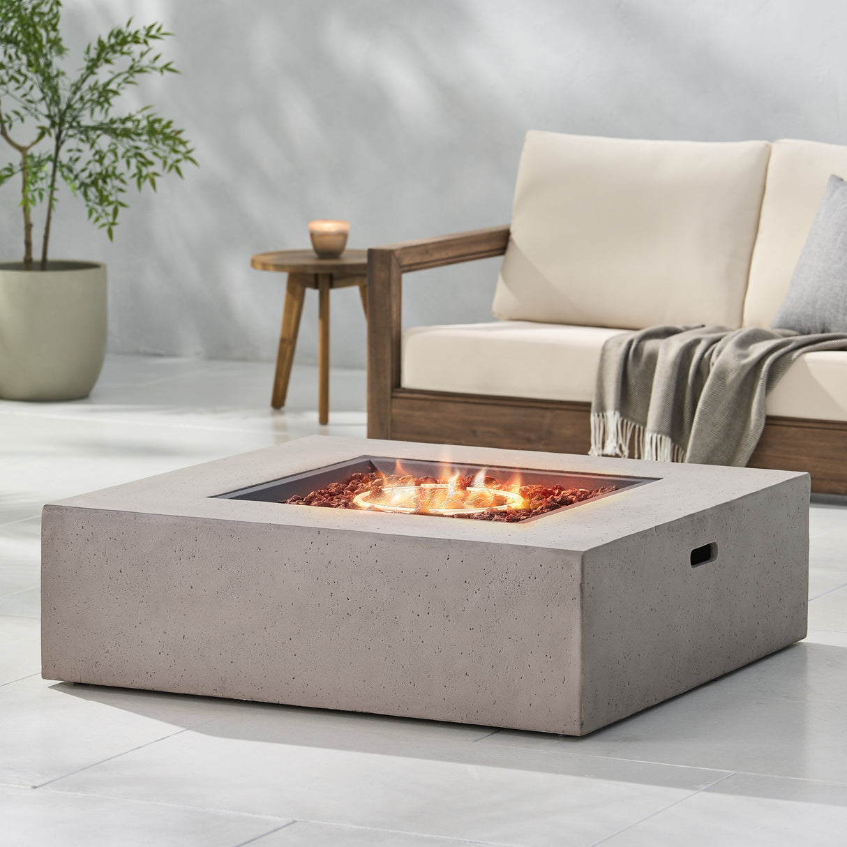 Contemporary 50,000 BTU Square MgO Fire Table with Clean Lines in Light Grey