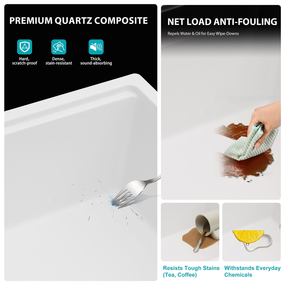 Quartz Composite Kitchen Sink With Undermount Design, Durable Single Bowl Workstation