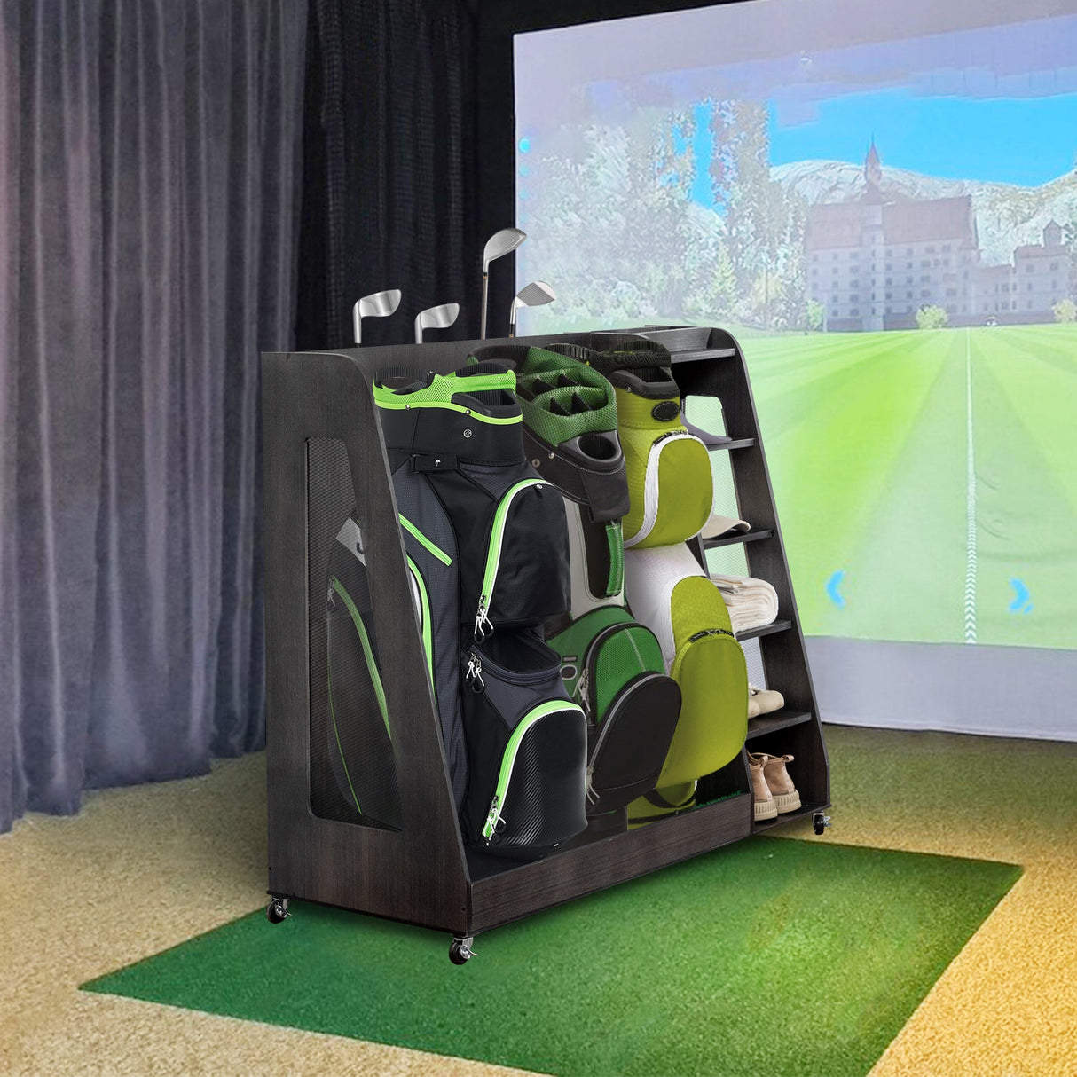 Gray Wooden Golf Bag Storage Rack with 3 Drawers