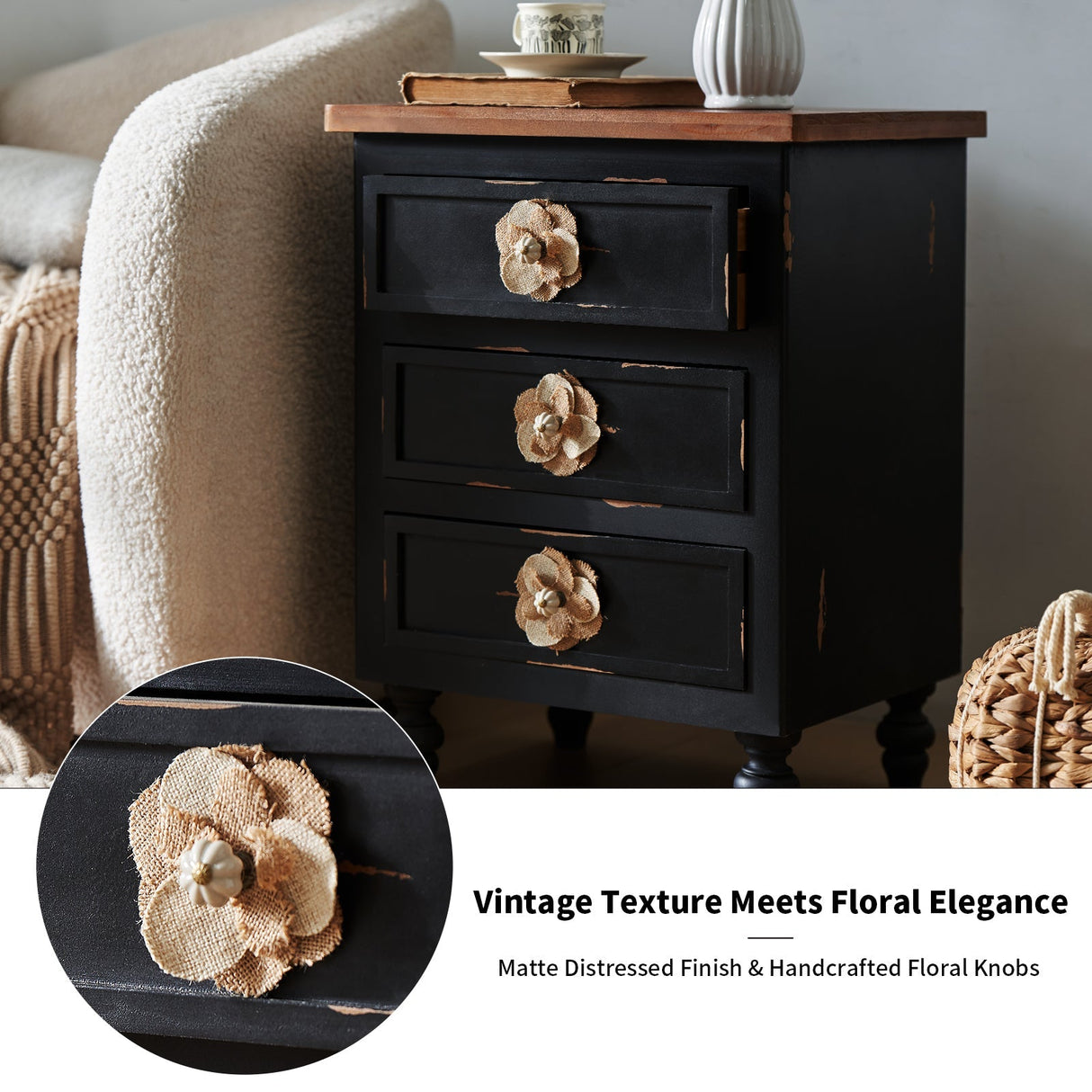 Rustic Dark Blue 2-Drawer Wooden Cabinet with Aged Finish & Floral Handles