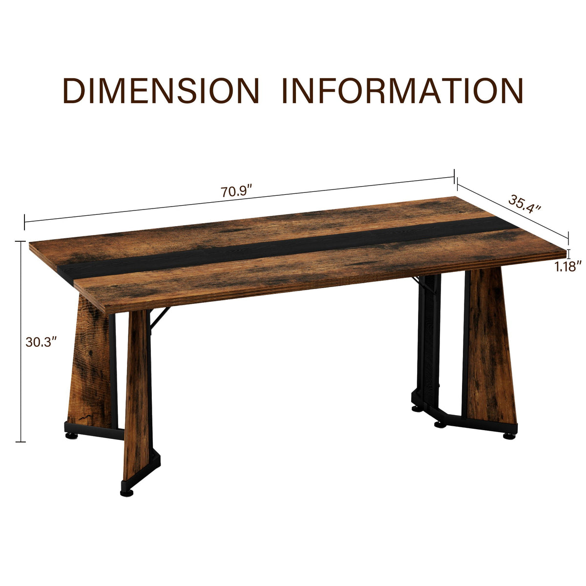 Rustic Rectangular Large Dining Table, Waterproof Desk For 8 People, & Steel With Adjustable Legs - Black / Rustic Brown