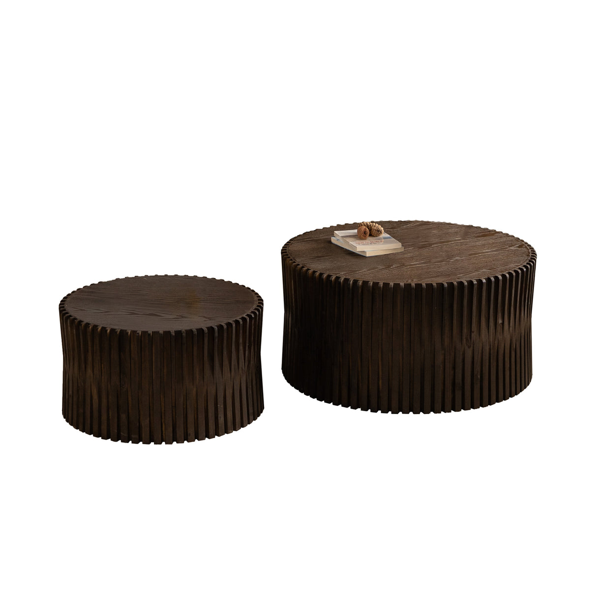 Vintage Style Cylindrical Nesting Coffee Table Set with Textured Embossed Design in Dark Brown MDF+Fir