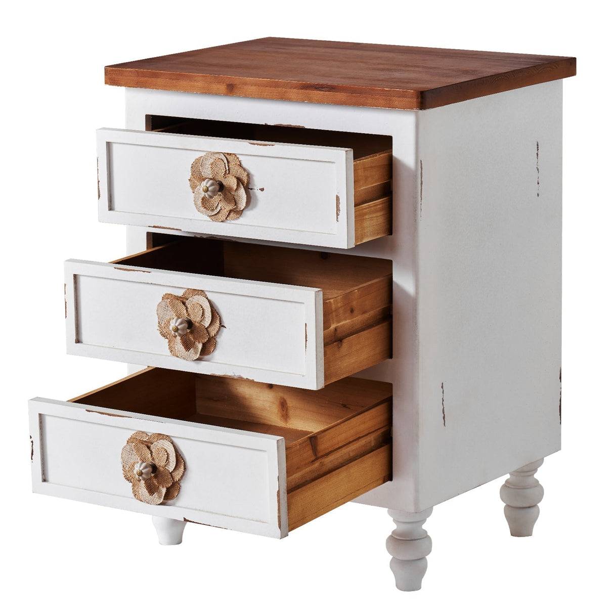 Rustic Dark Blue 3-Drawer Wooden Cabinet with Aged Finish & Floral Handles