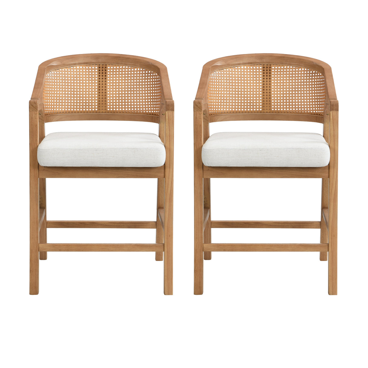 Wooden Frame Counter Stool with Rattan Back, Set of 2