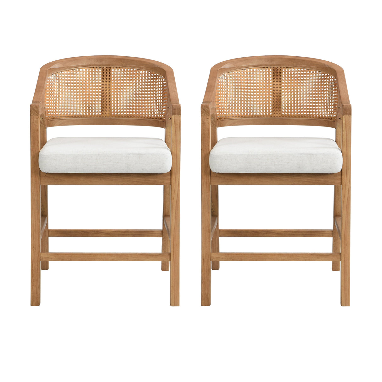 Wooden Frame Counter Stool With Rattan Back - Set of 2
