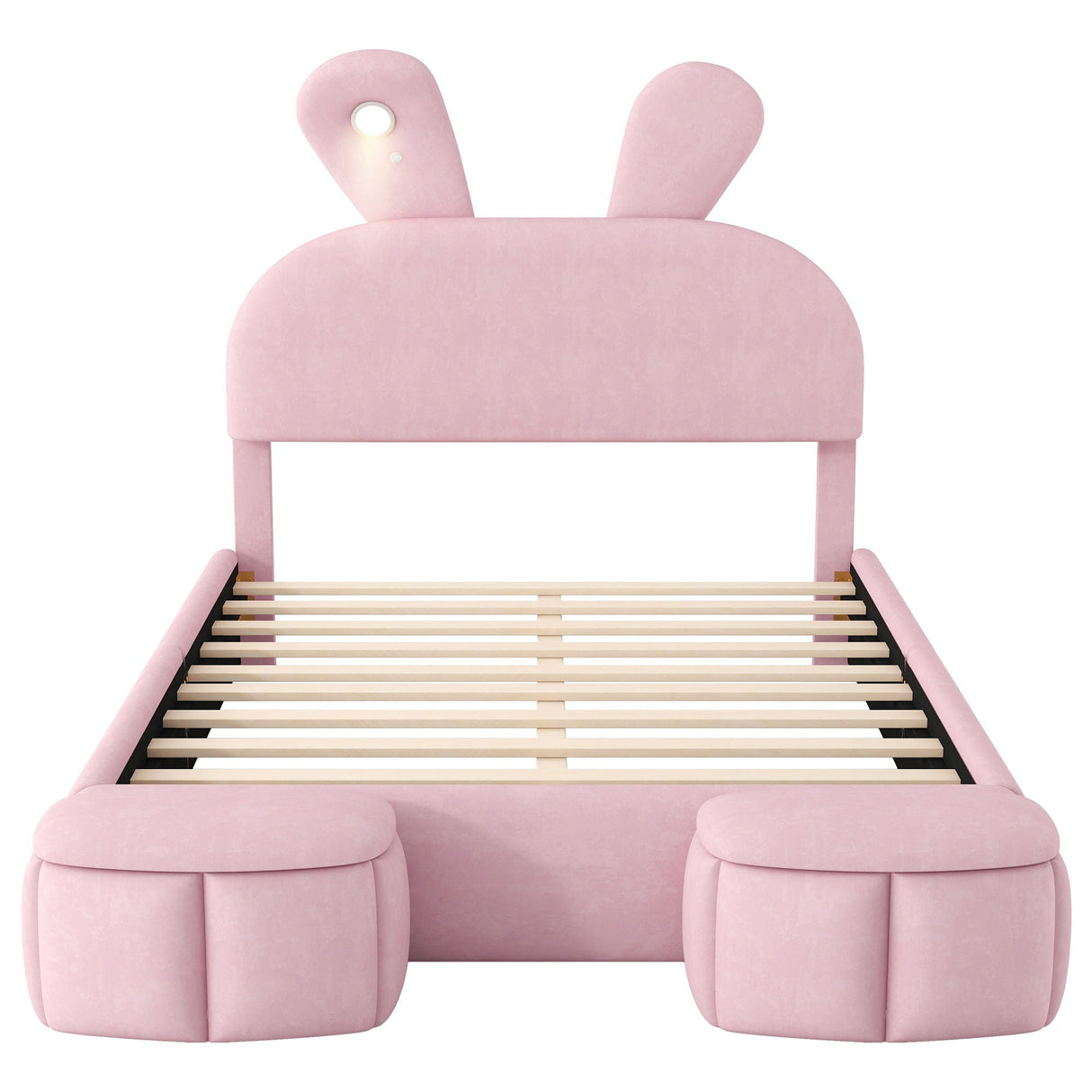 Full Upholstered Platform Bed With Cartoon Ears Headboard And LED Light - Pink
