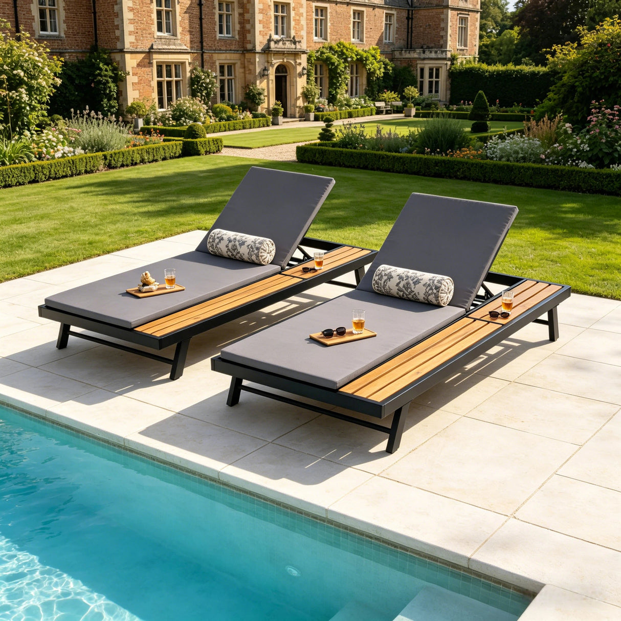Black Iron + Teak Finish Outdoor Chaise Lounge Set