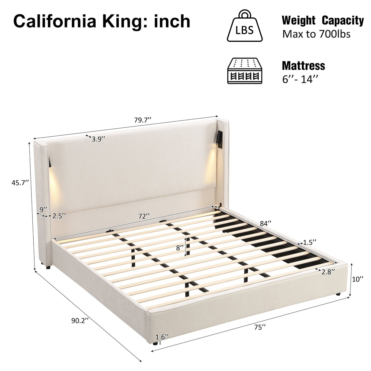 California King Size Upholstered Bed Frame with High Wingback Headboard, Reading Lamp and USB Port