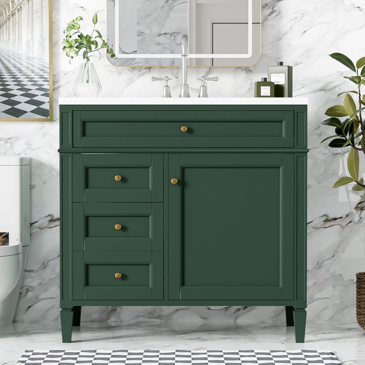 36" Bathroom Vanity with Ceramic Sink and Storage Drawers - Multiple Colors