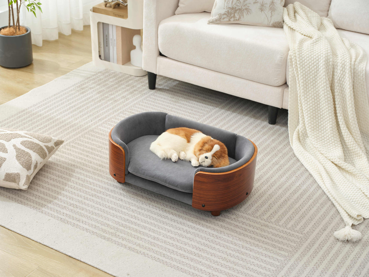 Scandinavian Style Elevated Dog Bed with Solid Walnut Wood Legs