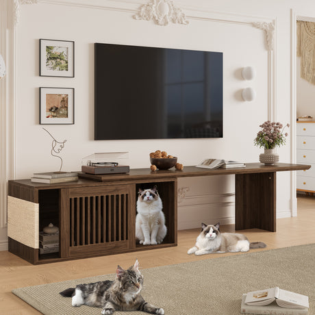Mid-Century-Modern-2-in-1-Cat-Furniture-78'-Extendable-Walnut-TV-Stand-(up-to-100')-