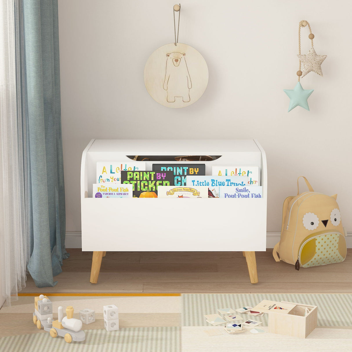 Toy Box with Front Bookshelf and Flip Top Lid for Kids Room Organization - White