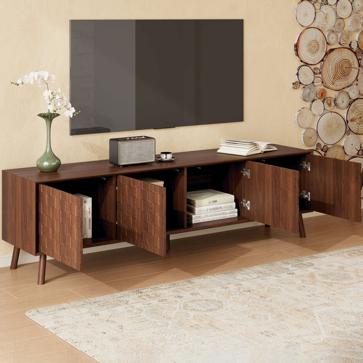 70inch Modern TV Stand for TVs up to 80 Inches with Walnut Legs