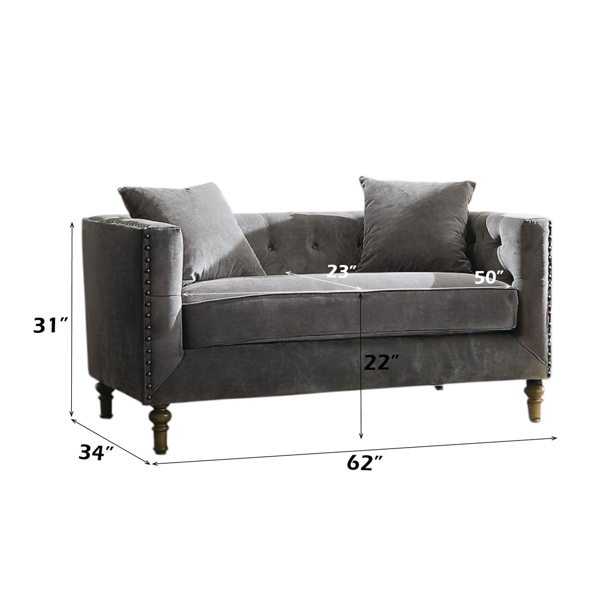 Sidonia Gray Velvet Loveseat With 2 Pillows