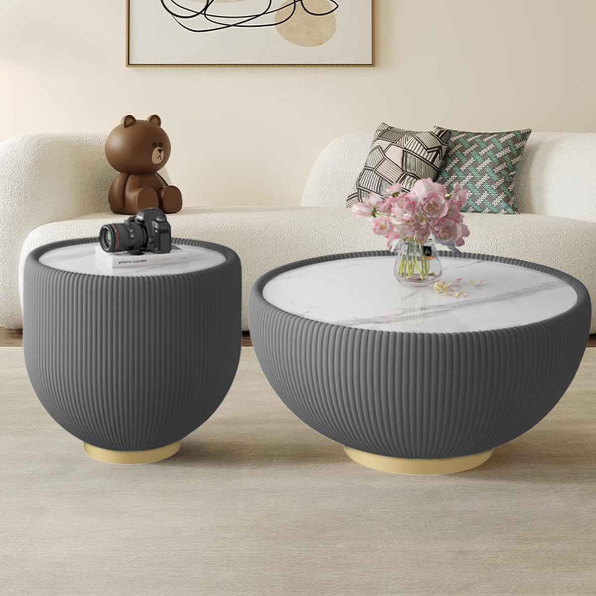 Modern Round Sintered Stone Pattern Tabletop Side Table with Leather Edge