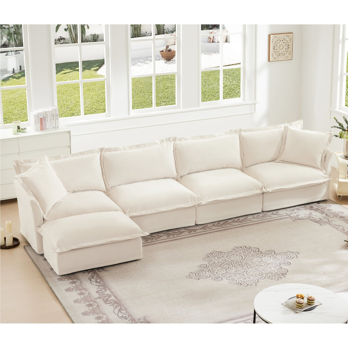 Slipcovered L Shape Sectional Long Sofa Couch - 4 Seater