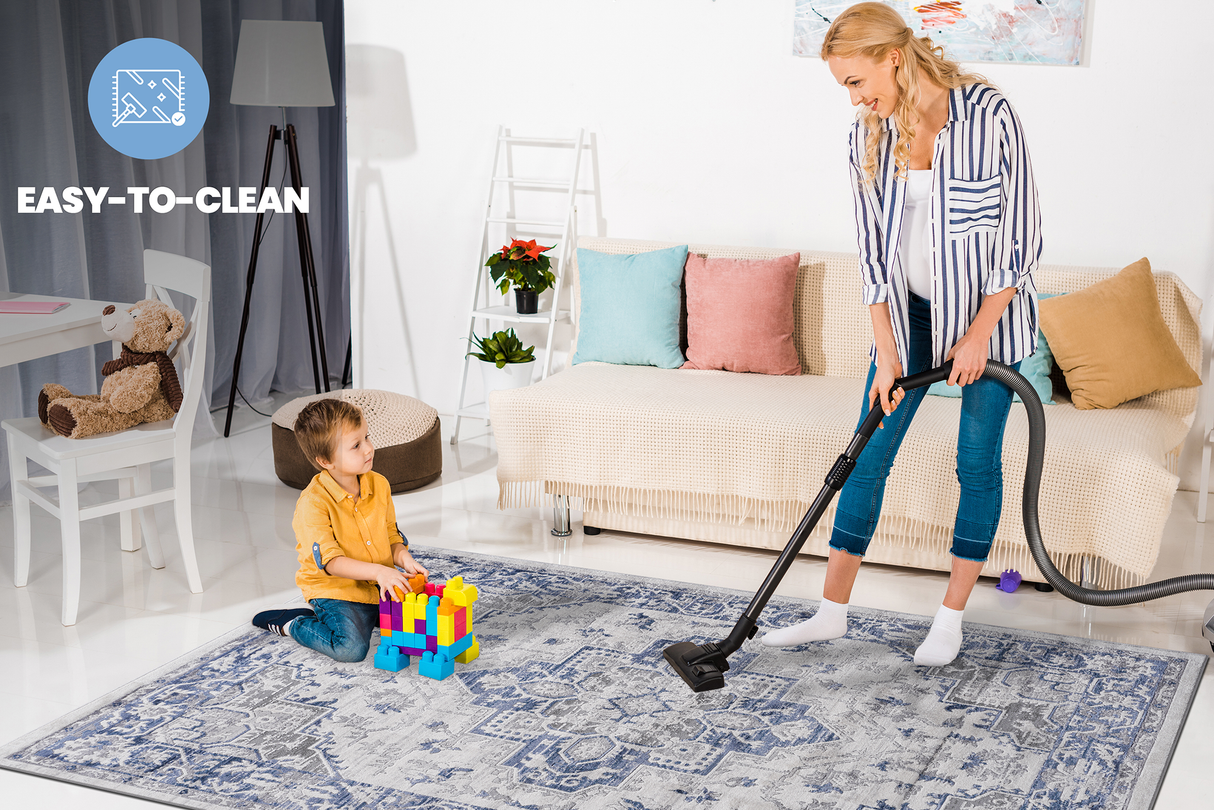 NAAR MARFI Collection 2X3 Blue/Grey/Oriental Non-Shedding and Stain Resistant Area Rug