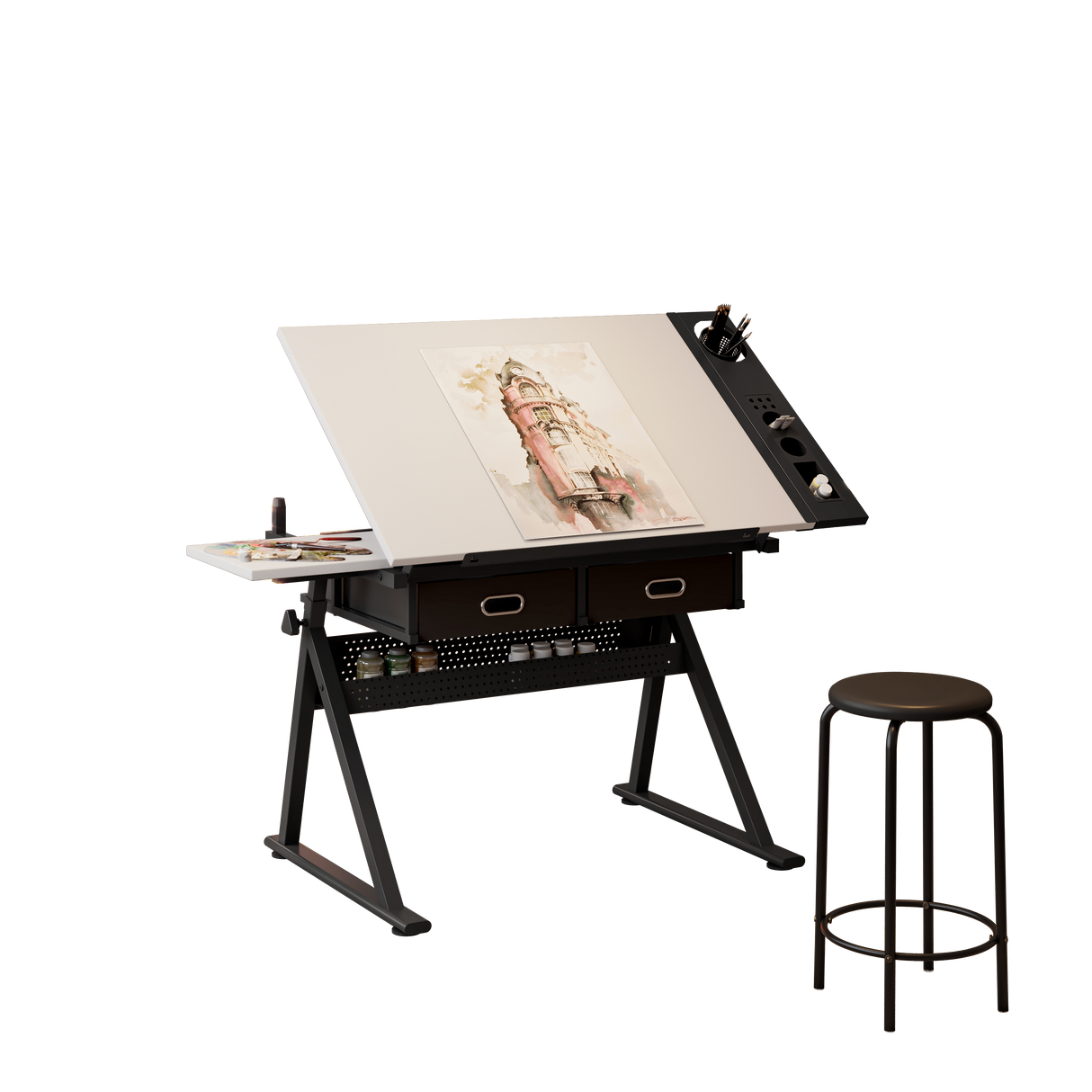 Adjustable Drawing Drafting Table Desk with 2 Drawers