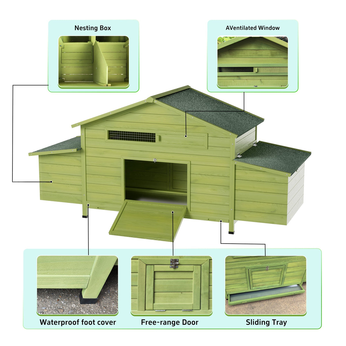 70" Large Wooden Chicken Coop with Nesting Boxes and Waterproof Roof - Green or Brick Red