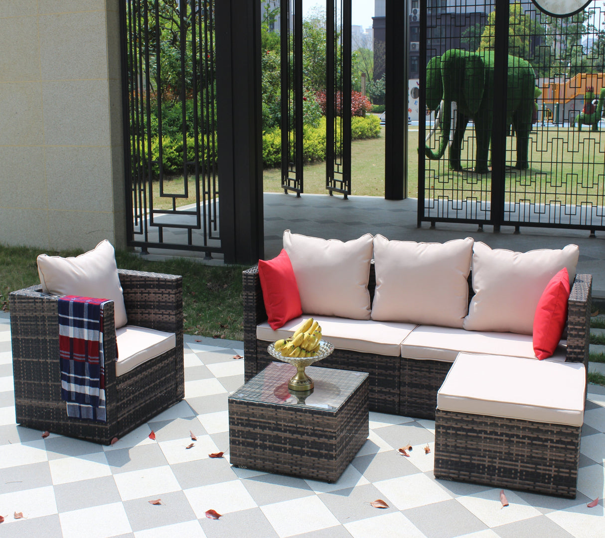 Rattan Patio Furniture Set Wicker Sofa Cushioned Sectional (4 Pieces, Brown)