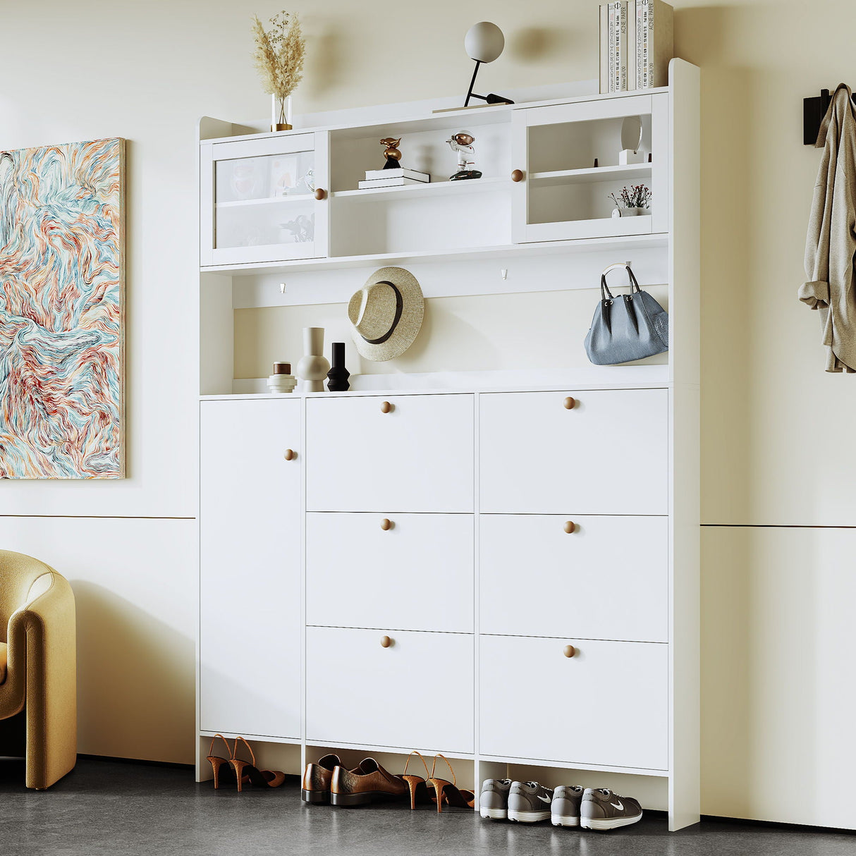 On Trend Multifunctional Tipping Bucket Shoe Cabinet With Storage Shelf & 6 Flip Drawers