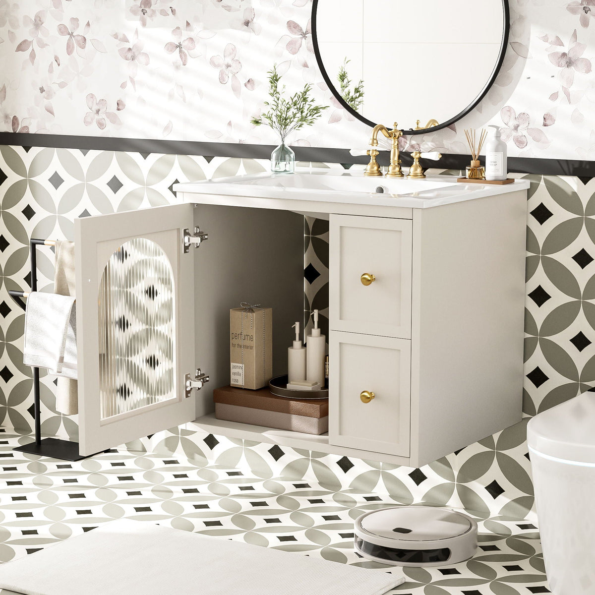 Wall-Mounted Bathroom Vanity Set with Ceramic Sink and Soft-Close Drawers - Black, Beige, or White